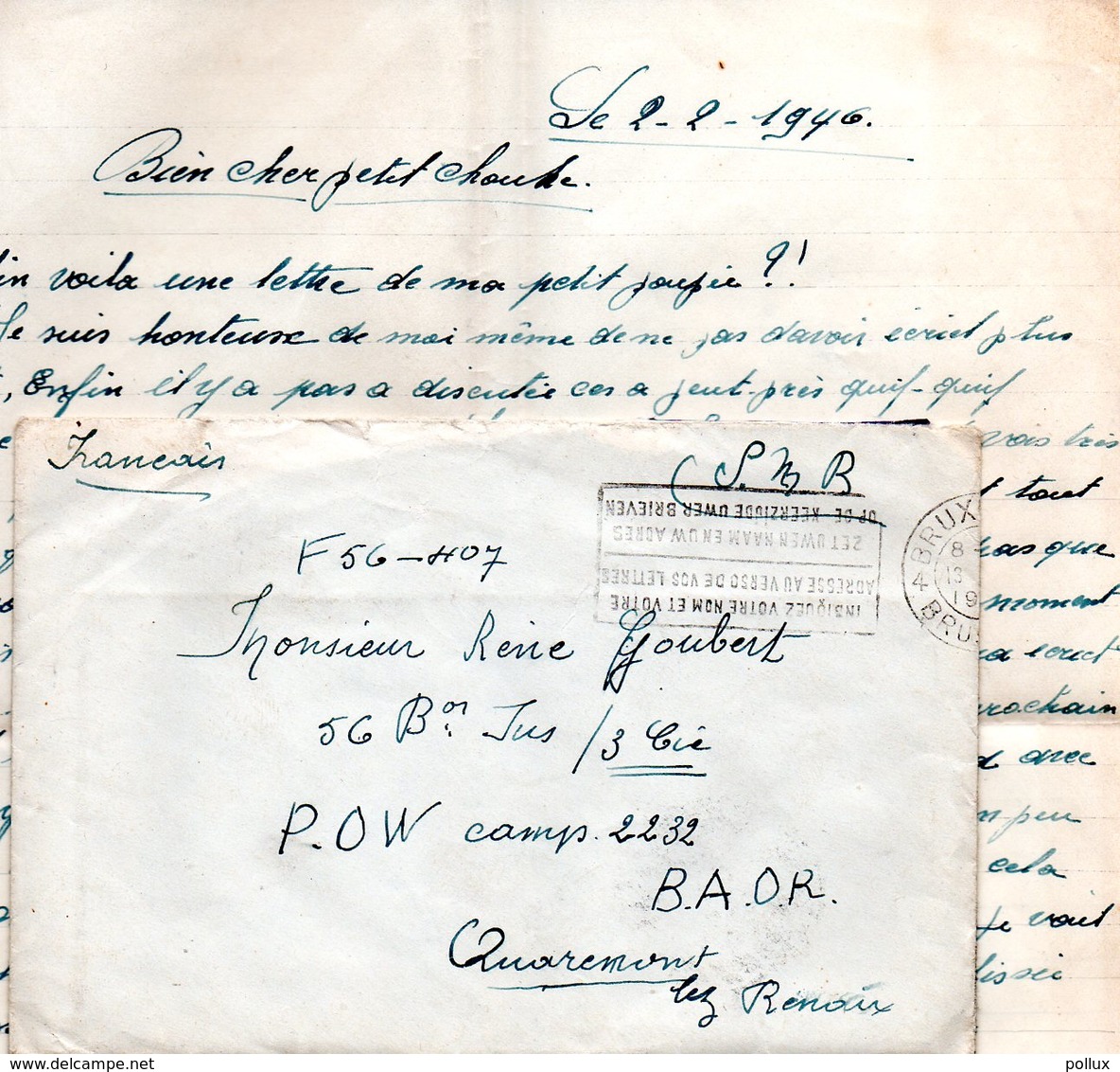 1 Enveloppe + Contenu Camp De Prisonniers Allemands En Belgique 1946 POW CAMP 2232 Quaremont (RENAIX) - Documents