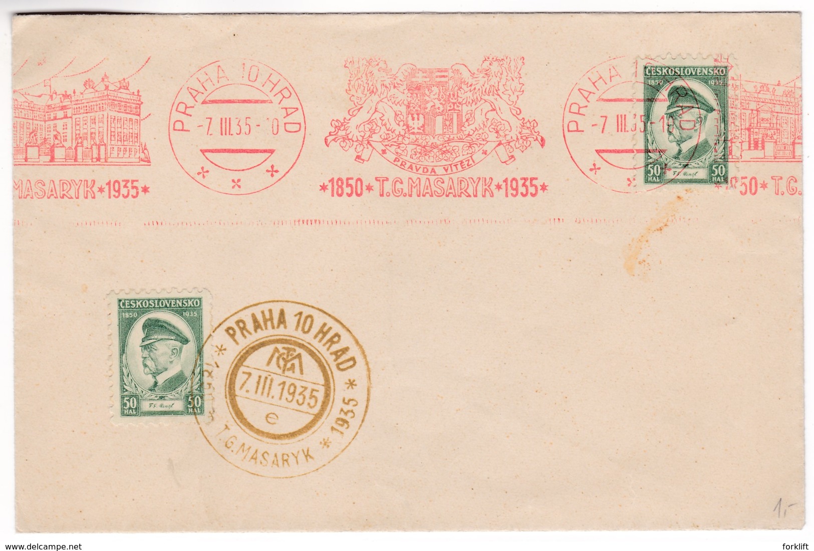 K192 Czechoslovakia Red Meter Freistempel EMA 1935 PRAHA 10 HRAD T.G. MASARYK - Briefe U. Dokumente