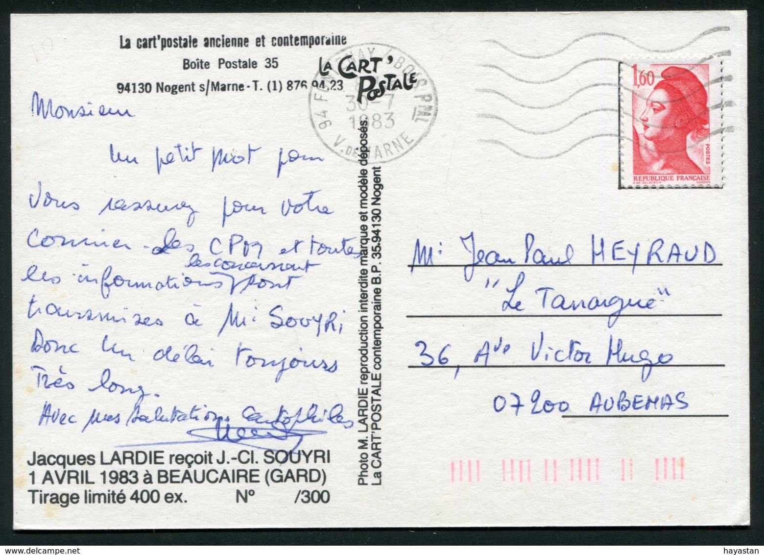 CARTE POSTALE De Jacques LARDIE  - Jacques LARDIE Reçoit J.Cl. SOUYRI à BEAUCAIRE 1er Avril 1983 - Lardie