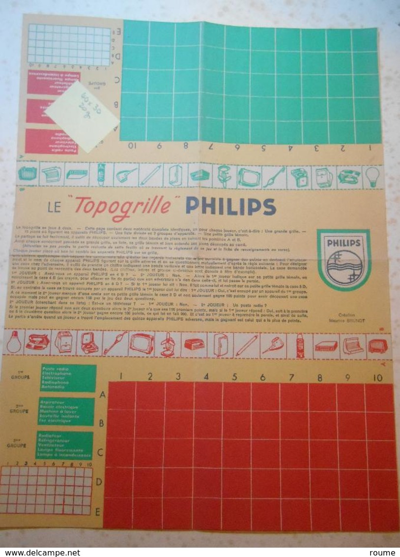 PHILIPS - Jeu Le "TOPOGRILLE"  - 40 X 30 Cm-recto Verso - 1960 - Pubblicitari