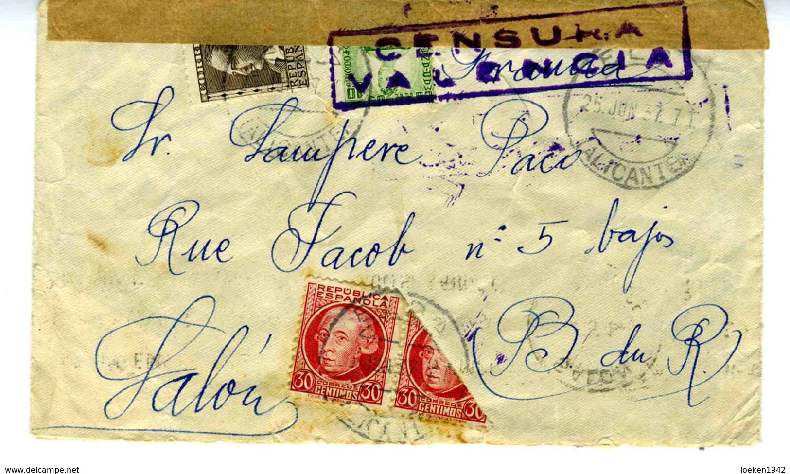 GUERRA CIVIL 1937 ELDA ALICANTE  Con 1/2 SELLO  Hasta  Francia  EL 679 - Covers & Documents