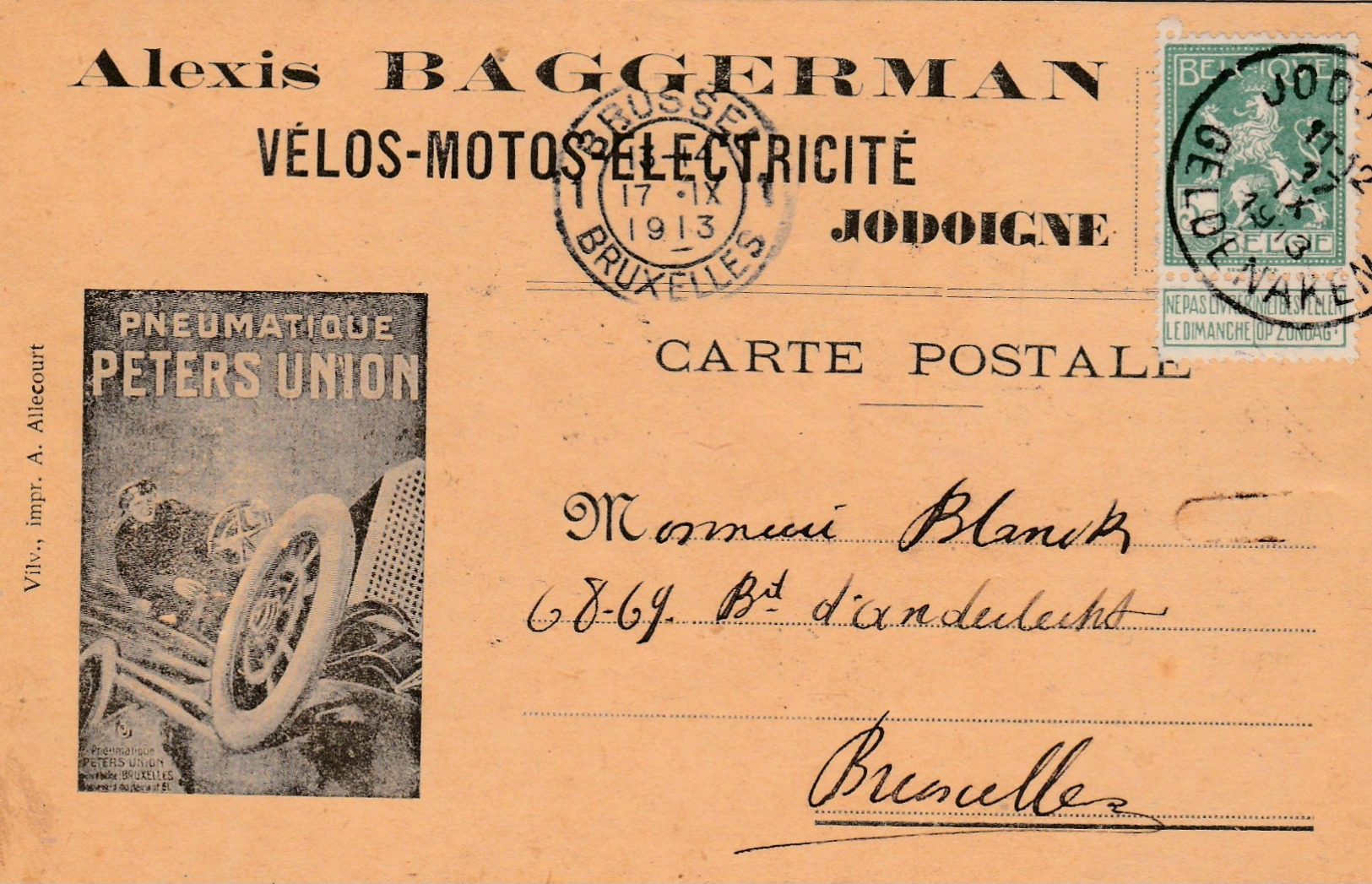 Jodoigne ,Carte Publicité  , Alexis Baggerman , Vélo Moto électricité ( Pub Pneumatique Peters Union ) - Jodoigne