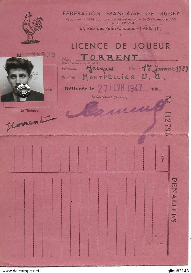 Rugby, Federation Française, Licence De Joueur, Montpellier Université Club, 1947    (bon Etat) - Rugby