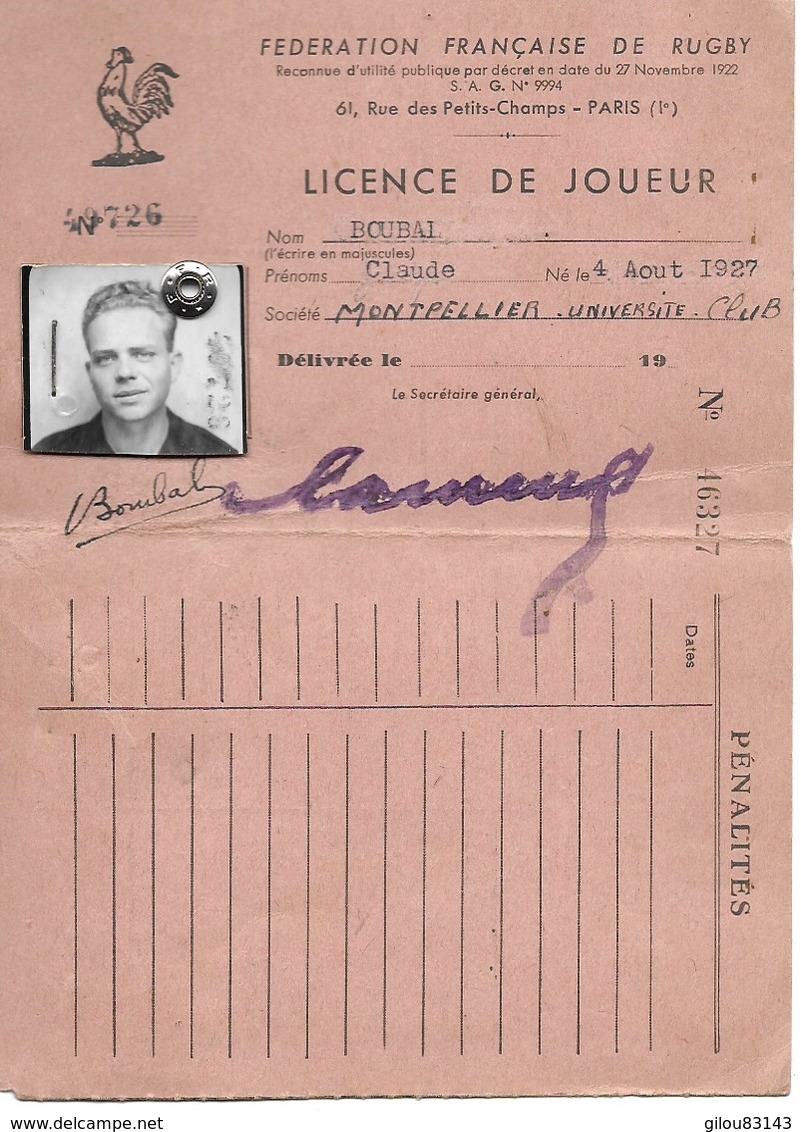 Rugby, Federation Française, Licence De Joueur, Montpellier Université Club, 1947    (bon Etat) - Rugby