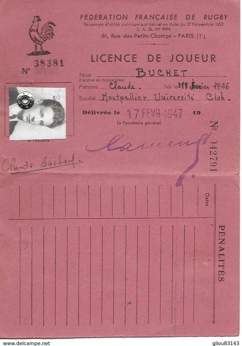 Rugby, Federation Française, Licence De Joueur, Montpellier Université Club, 1947    (bon Etat) - Rugby