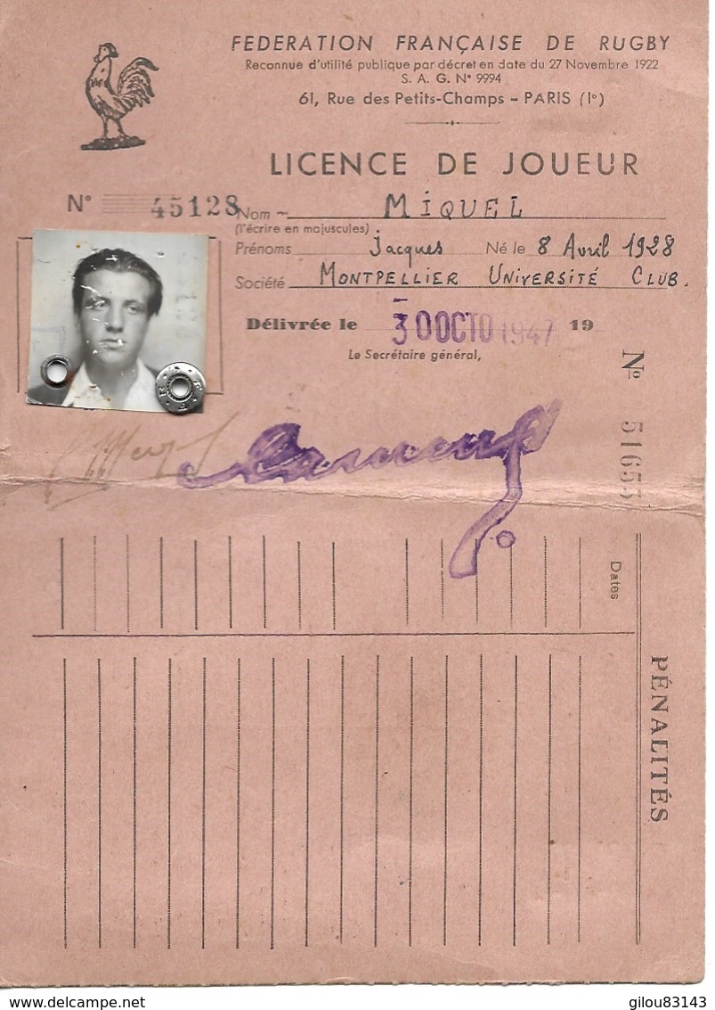 Rugby, Federation Française, Licence De Joueur, Montpellier Université Club, 1947    (bon Etat) - Rugby