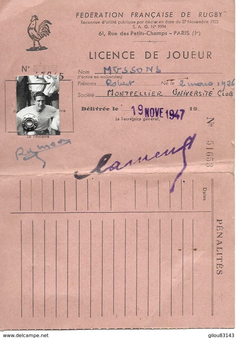 Rugby, Federation Française, Licence De Joueur, Montpellier Université Club, 1947    (bon Etat) - Rugby