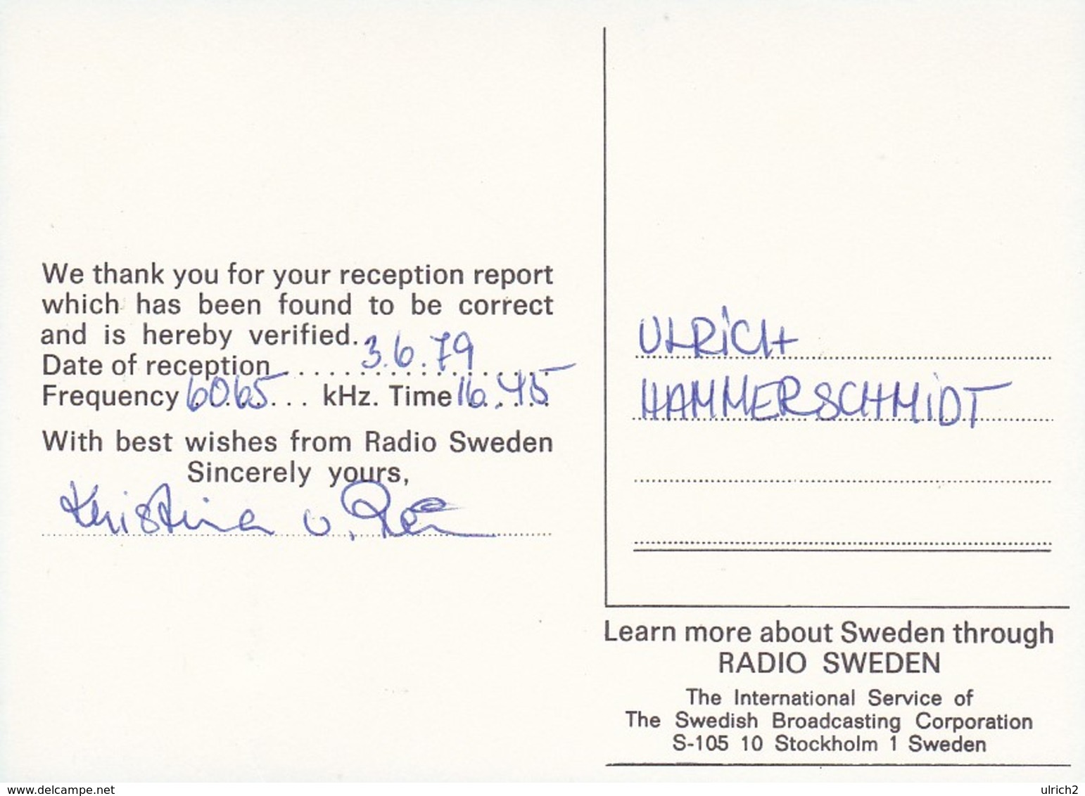 QSL - Radio Sweden - 1979  (46996) - Radio