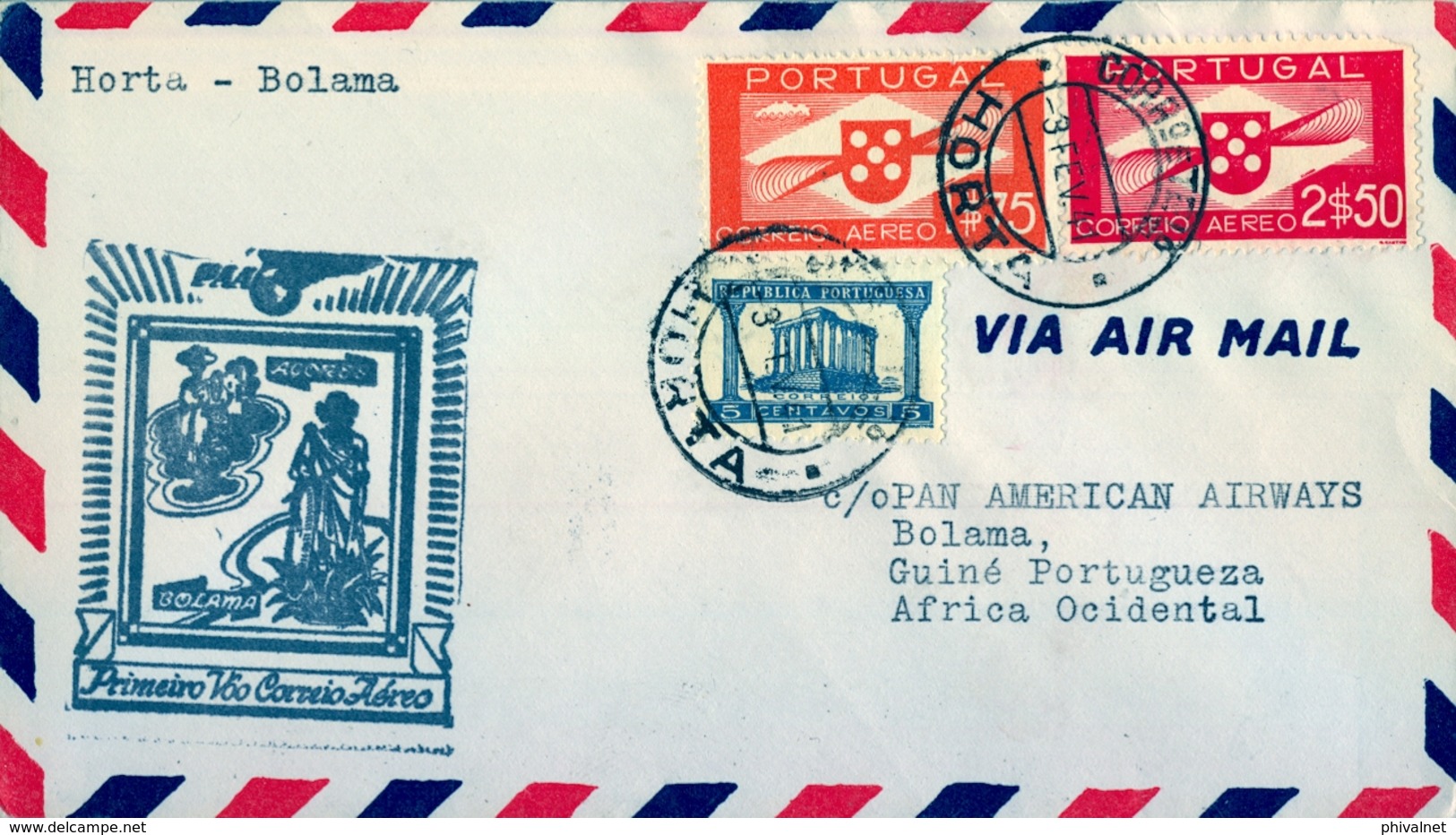 1941 PORTUGAL , HORTA - BOLAMA , CORREO AÉREO , PRIMER VUELO , LLEGADA - Horta