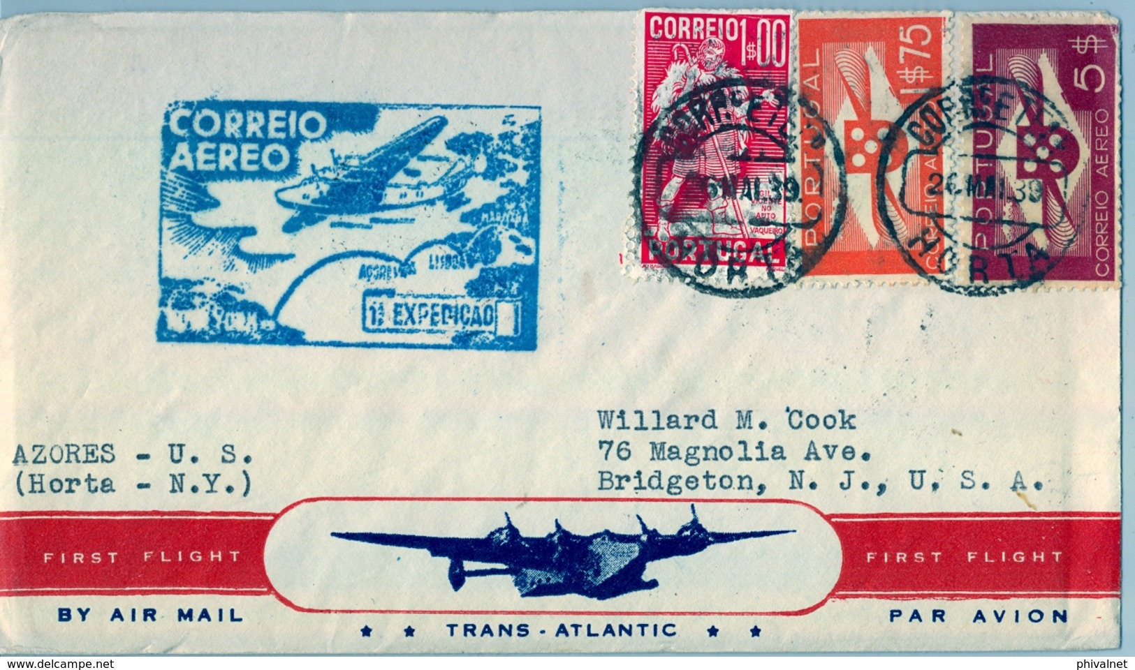 1939 PORTUGAL , HORTA - BRIDGETON , CORREO AÉREO , PRIMER VUELO , TRÁNSITO DE NEW YORK , LLEGADA - Horta