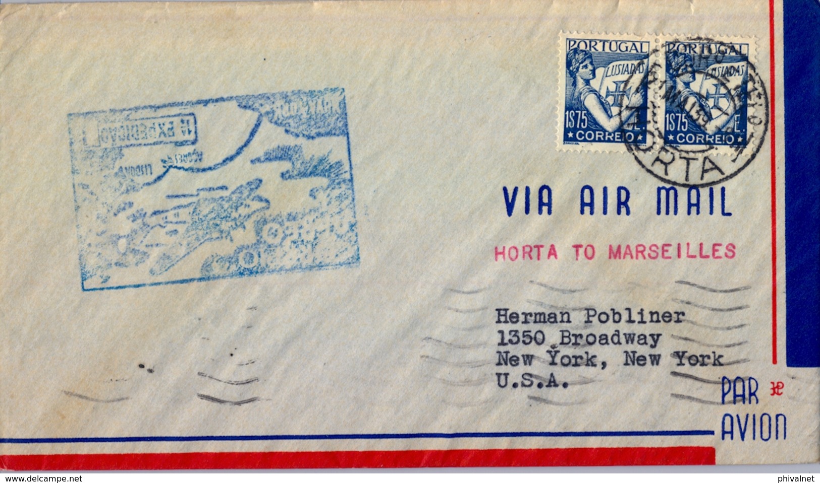 1939 PORTUGAL , HORTA - NEW YORK , CORREO AÉREO , PRIMER VUELO ,  TRÁNSITO DE MARSELLA - Horta