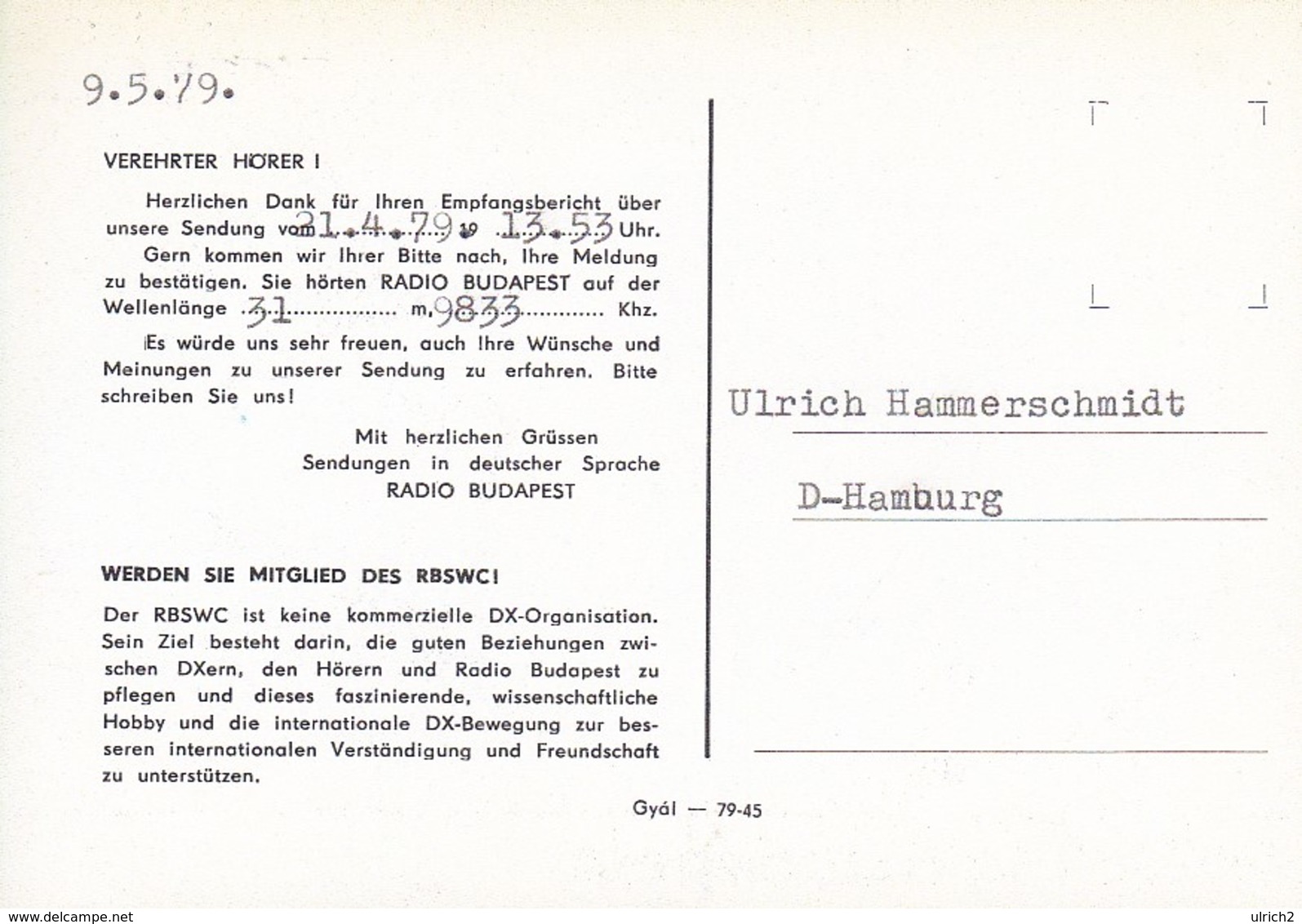 QSL - Radio Budapest - Shortwave Club - 1979 (47010) - Radio