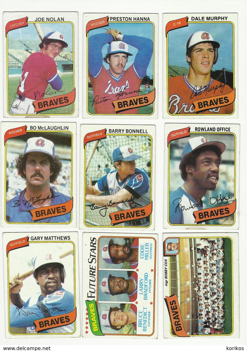 1980 TOPPS BASEBALL CARDS – ATLANTA BRAVES – MLB – MAJOR LEAGUE BASEBALL – LOT OF NINE - Lotti