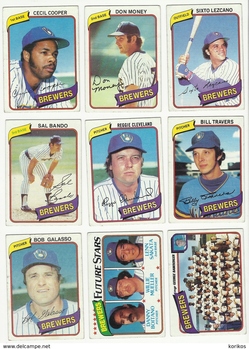 1980 TOPPS BASEBALL CARDS – MILWAUKEE BREWERS – MLB – MAJOR LEAGUE BASEBALL – LOT OF NINE - Verzamelingen