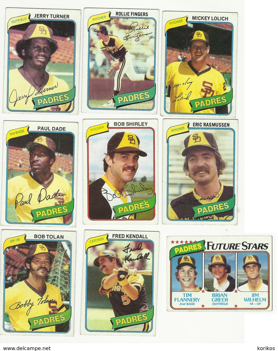 1980 TOPPS BASEBALL CARDS – SAN DIEGO PADRES – MLB – MAJOR LEAGUE BASEBALL – LOT OF NINE - Verzamelingen