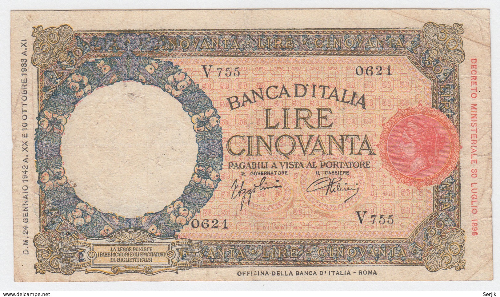 ITALY 50 Lire 1942 F+ Pick 57 - 50 Liras