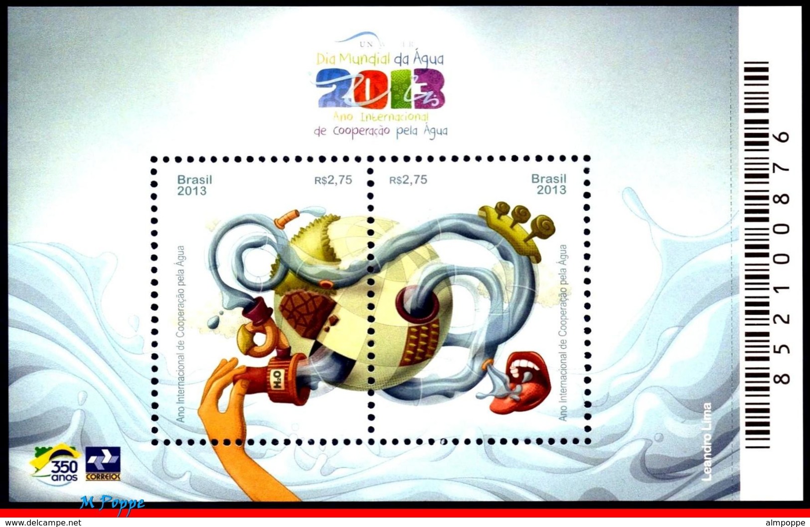 Ref. BR-3241 BRAZIL 2013 ENVIRONMENT, INTL YEAR OF WATER, COOPERATION, GLOBE, UNESCO, S/S MNH 2V Sc# 3241 - Umweltschutz Und Klima