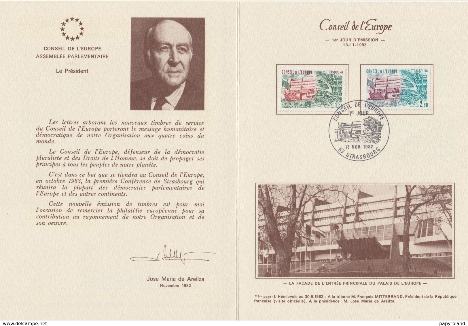 EUROPE - "  STRASBOURG Conseil De L' Europe 1ére émission "   Cachet Temporaire  13 Nov 1982 - Lettres & Documents