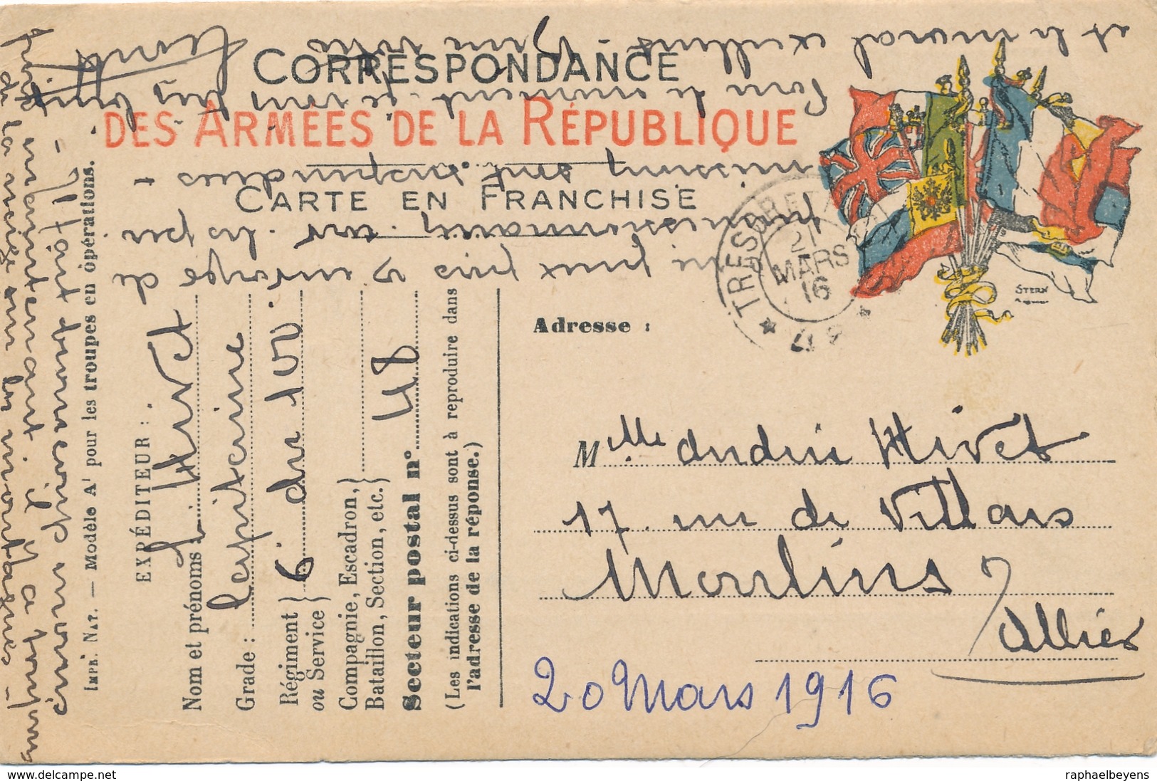 Carte Correspondance Des Armées De La République 20 Mars 1916 Guerre War WW1 - War 1914-18