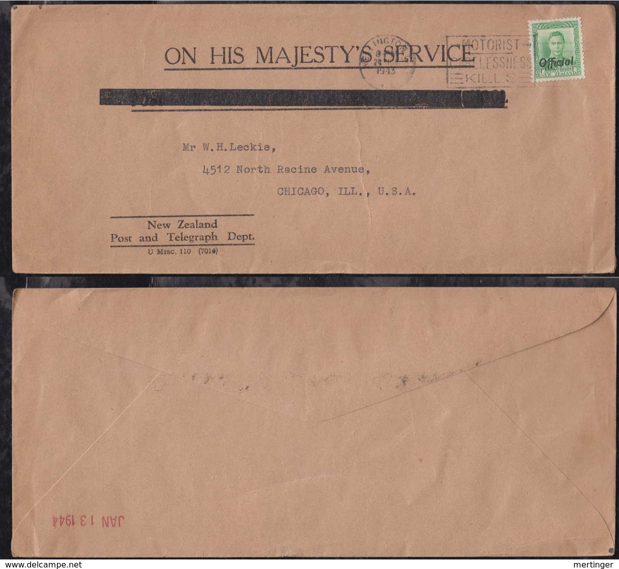 New Zealand 1943 Official Cover To CHICAGO USA 1d Single Use Postmark Motorist Carelessness Kills - Brieven En Documenten