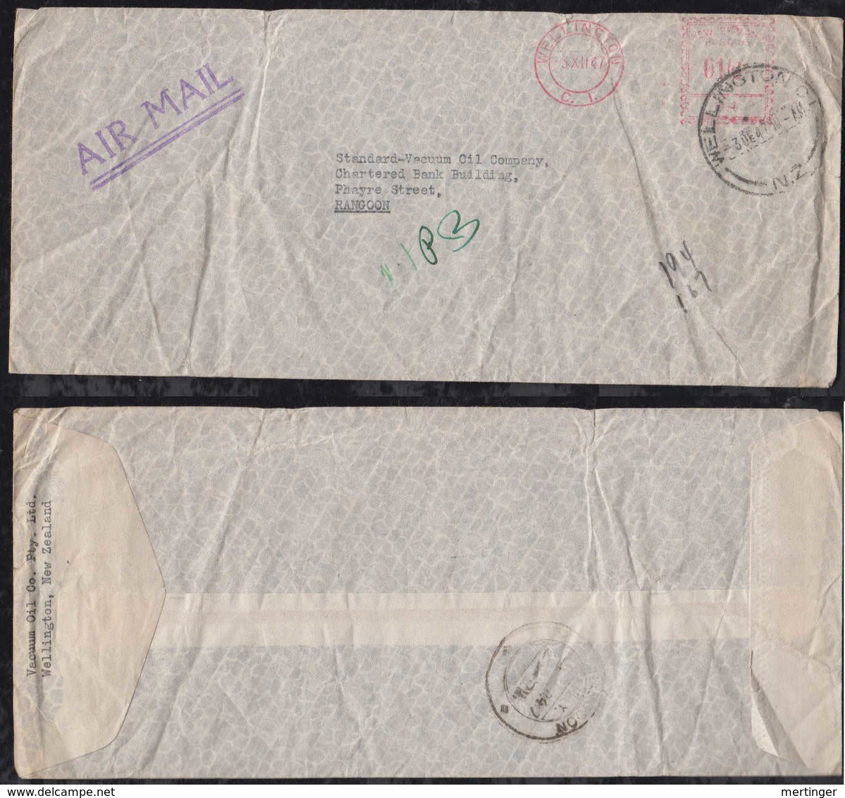 New Zealand 1947 Meter Airmail Cover To RANGOON Birma Myramar - Brieven En Documenten