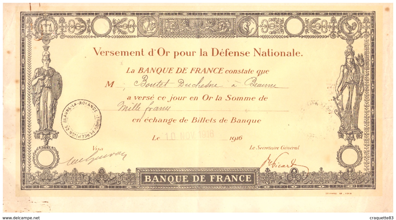 VERSEMENT D'OR POUR LA DEFENSE NATIONALE -LA BANQUE DE FRANCE -10 NOV 1916 - Documents