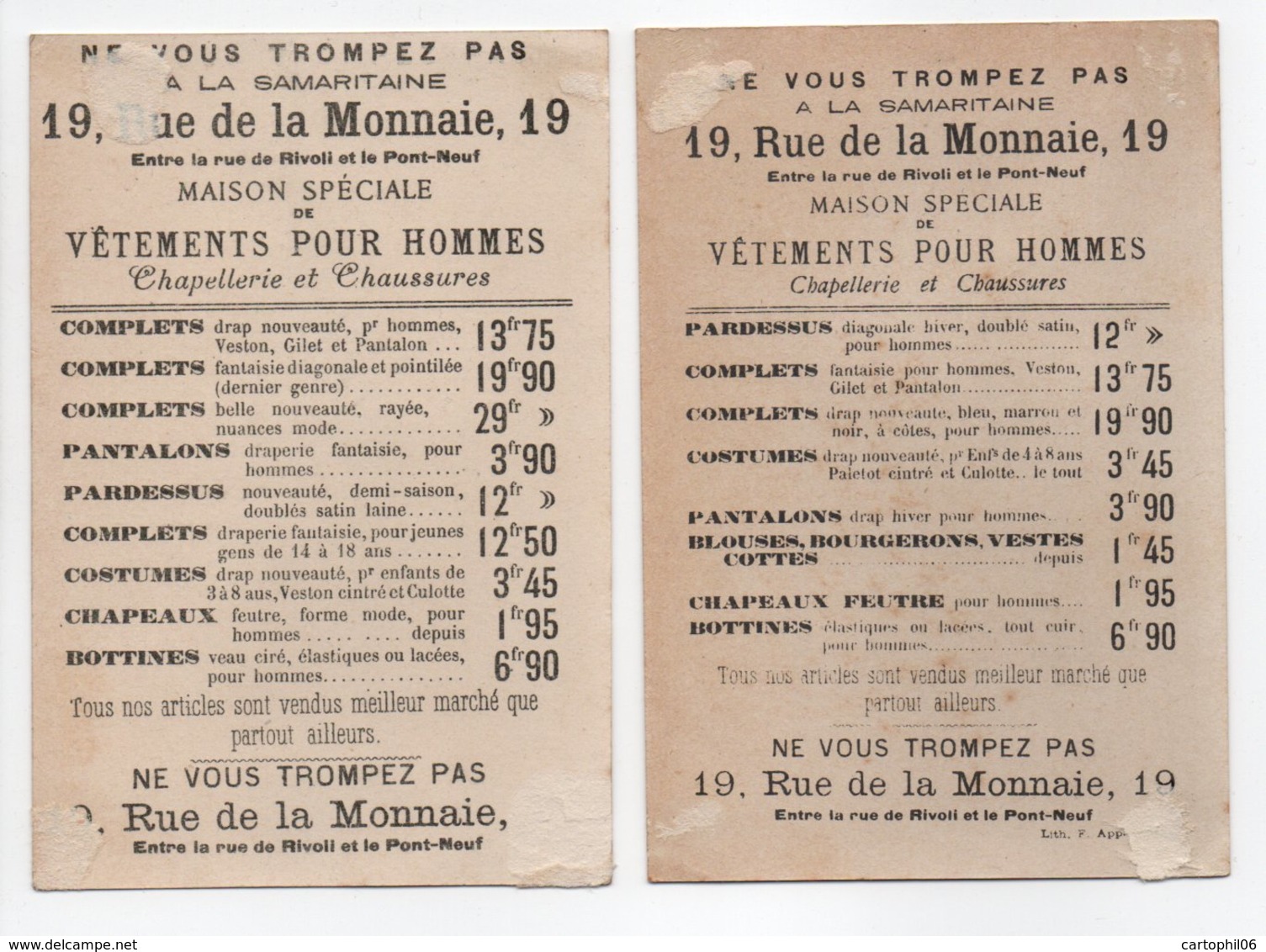 - 2 CHROMOS A LA SAMARITAINE - VÊTEMENTS POUR HOMMES - 19, Rue De La Monnaie, PARIS - - Other & Unclassified