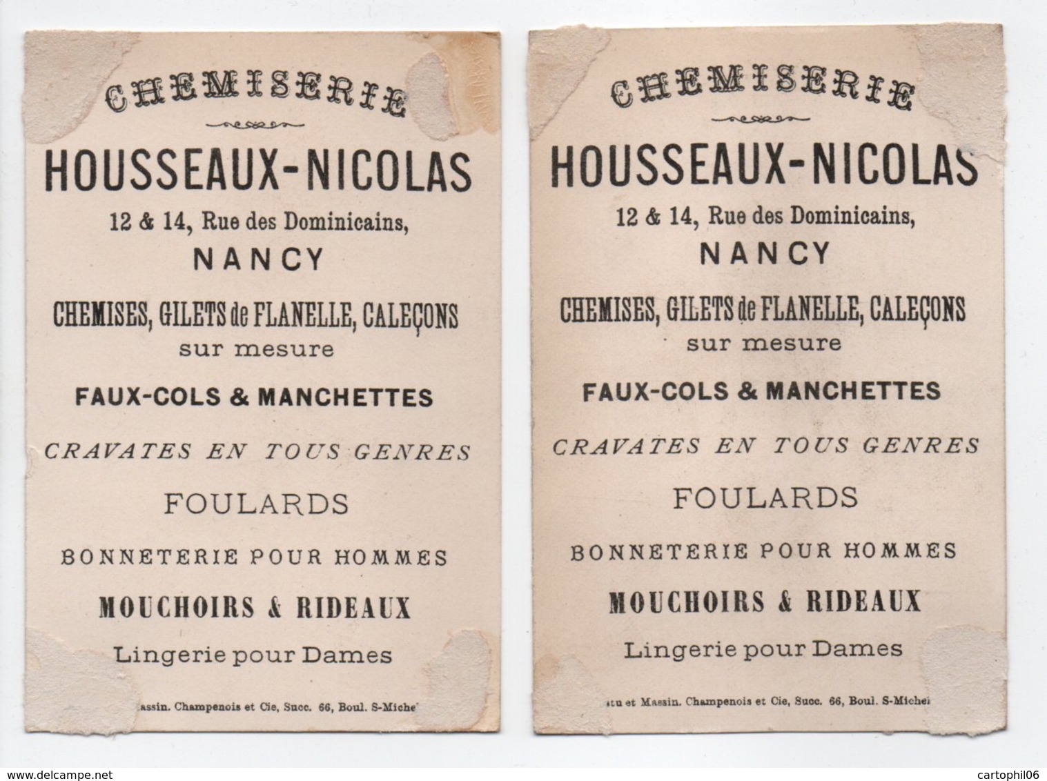 - 2 CHROMOS CHEMISERIE HOUSSEAUX-NICOLAS - 12 & 14, Rue Des Dominicains, NANCY - Le Fandango - La Bamboula - - Autres & Non Classés