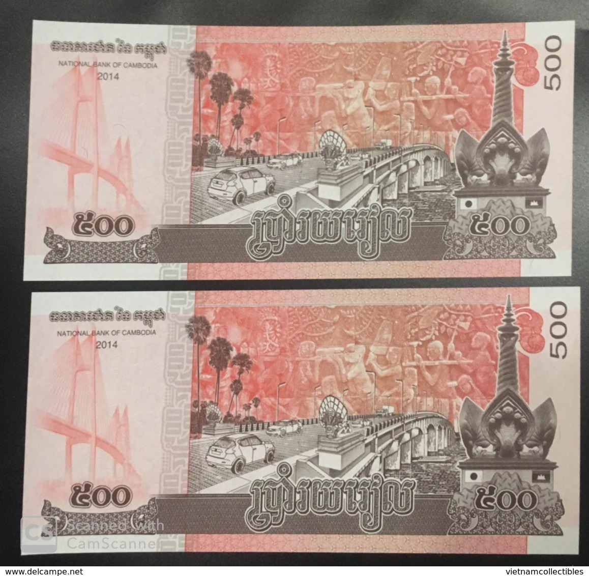 2 Cambodia Cambodge Khmer Kampuchea UNC 500 Riels Consecutive Banknotes 2014 - Cambogia