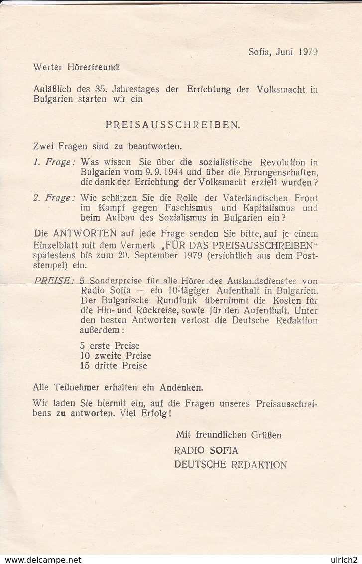 Radio Sofia - Preisausschreiben 1979 - Fragen Gewinne Geschichte  (47022) - Historical Documents