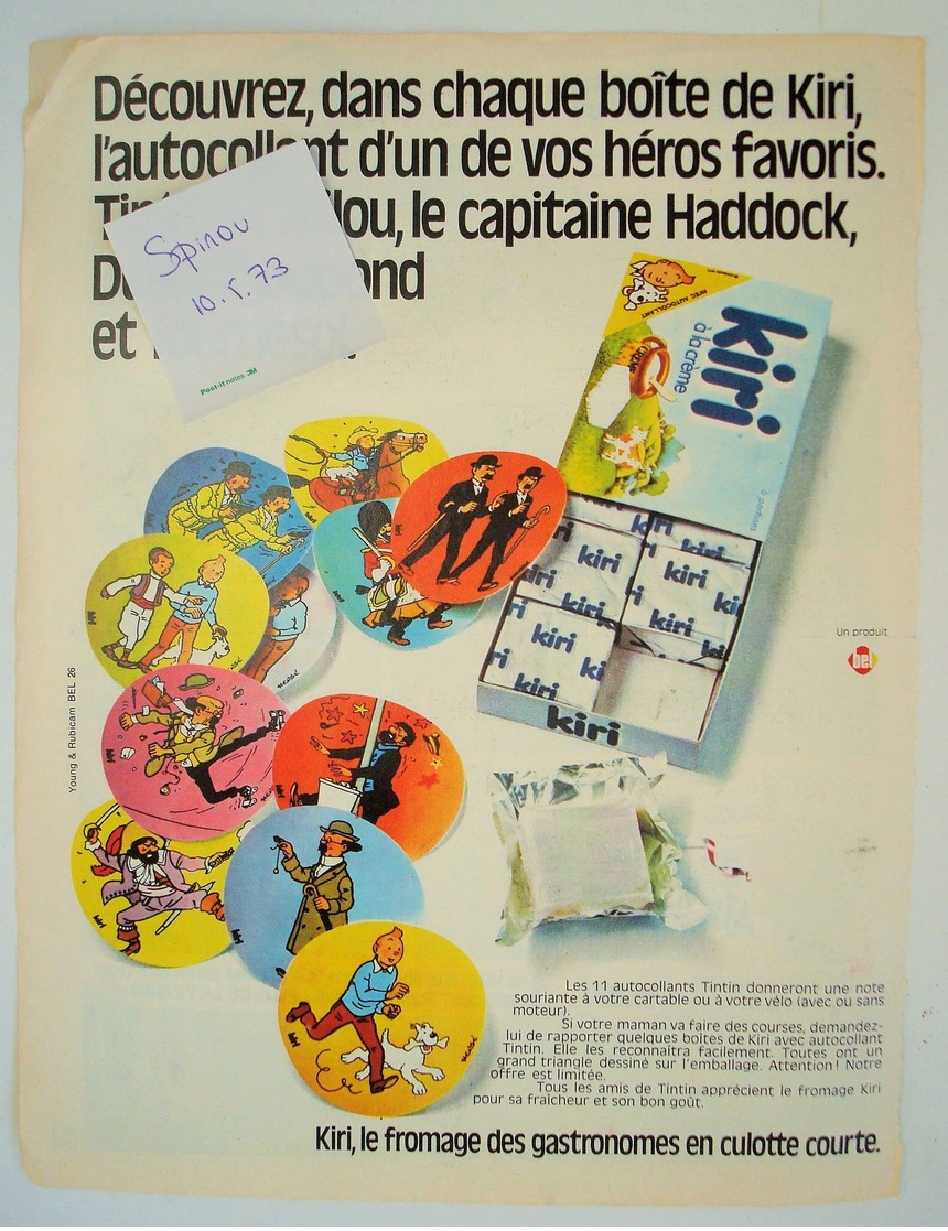 Publicité Fromage Kiri Autocollants Tintin Haddock Tournesol. - Spirou 1973. - Advertising