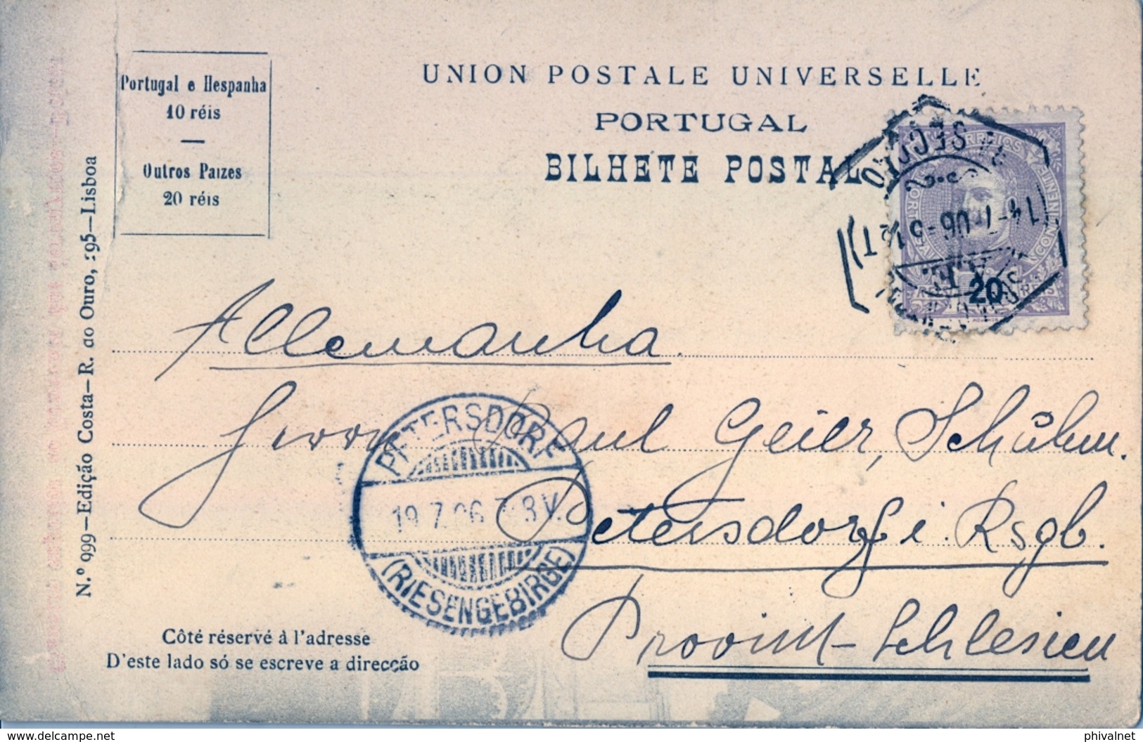 1906 PORTUGAL , LISBOA - PETERSDORF , TARJETA POSTAL CIRCULADA , CLAUSTRO SUPERIOR DO CONVENTO DOS JERONYMOS - BELÉM - Storia Postale