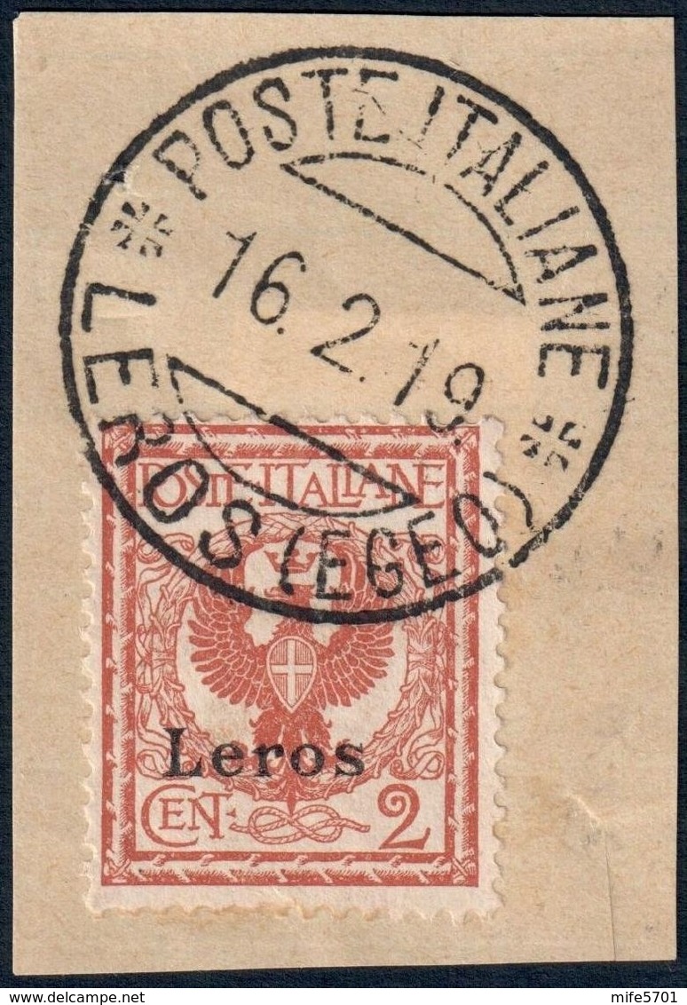 REGNO ITALIA - LEROS/LERO (EGEO) FRANCOBOLLO C. 2 SERIE AQUILA SABAUDA ANNULLATO SU FRAMMENTO 16.2.1919 - SASSONE 1 - Egée (Lero)