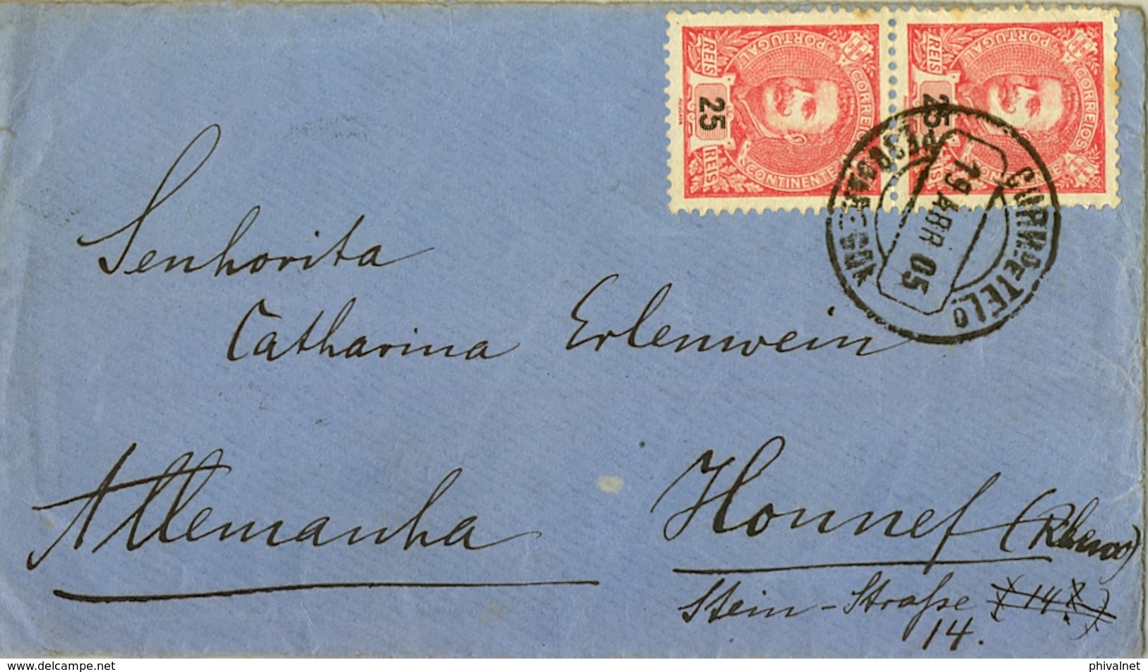 1905 , PORTUGAL , SOBRE CIRCULADO A HONNEF , LLEGADA AL DORSO , D. CARLOS I 141 X 2 - Storia Postale