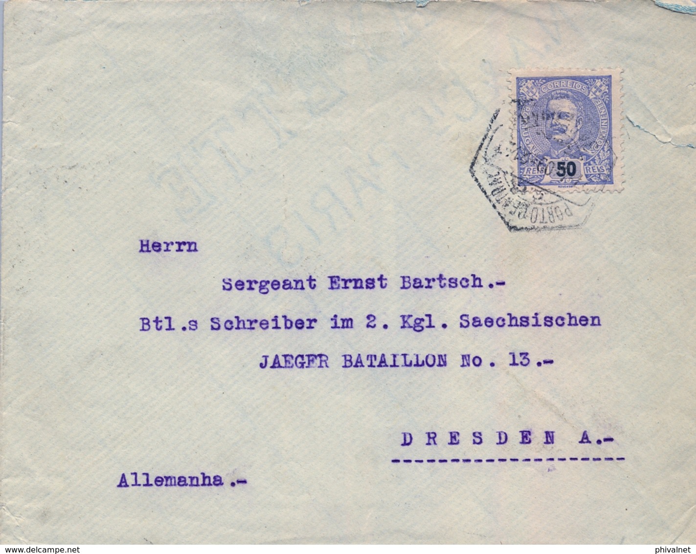 1909 , PORTUGAL , SOBRE CIRCULADO , OPORTO - DRESDEN , D. CARLOS I Nº 142 , LLEGADA , " DEUTSCHER VEREIN IN OPORTO " - Lettres & Documents