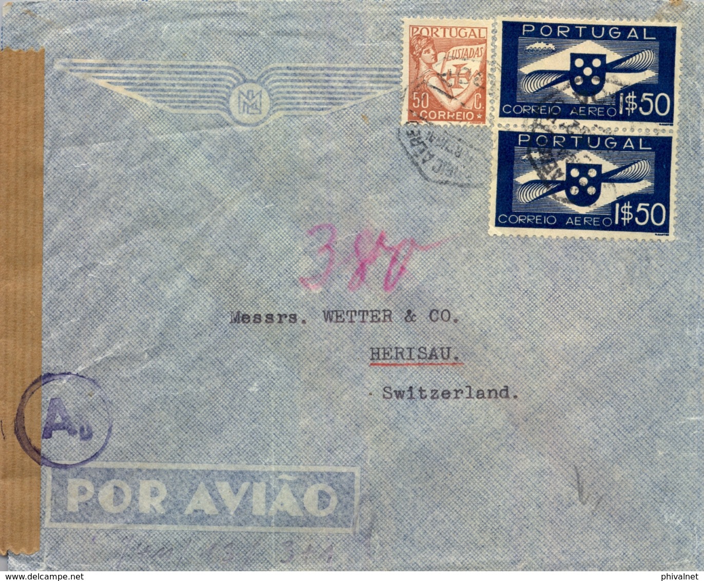 PORTUGAL , SOBRE CIRCULADO , FUNCHAL - HERISAU , CORREO AÉREO , CENSURA - Funchal