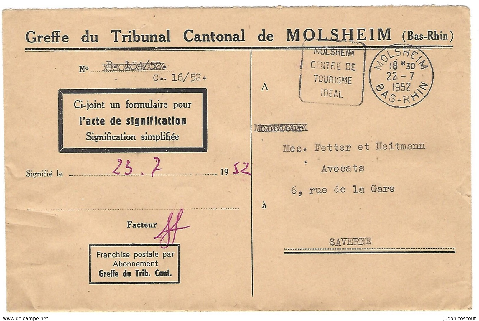 Daguin Molsheim 22.7.1952 Enveloppe En Franchise Du Tribunal Cantonal - 1921-1960: Moderne