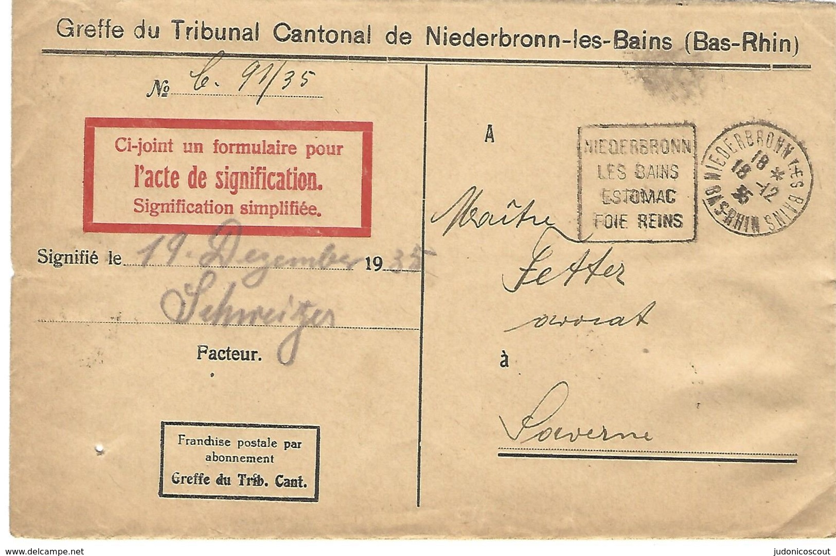 Daguin Niederbronn Les Bains 18.12.1935 Enveloppe En Franchise Du Tribunal Cantonal - 1921-1960: Moderne