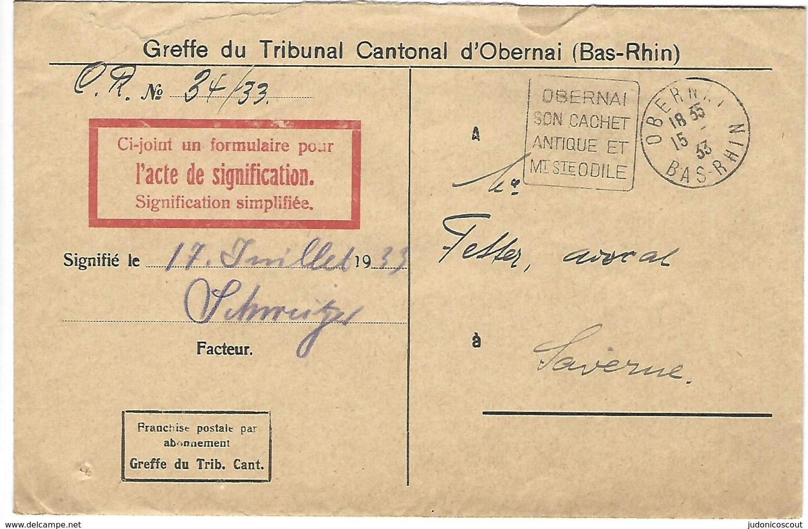 Daguin Obernai 15.7.1933 Sur Lettre En Franchise Du Tribunal Cantonal - 1921-1960: Moderne