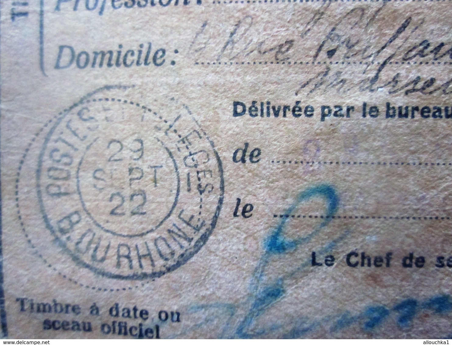 1922 UNION POSTALE UNIVERSELLE ADMINISTRATION DES POSTES DE FRANCE CARTE IDENTITÉ-LMT- Née 1847 -CAD+Timbre Merson - Documents Historiques