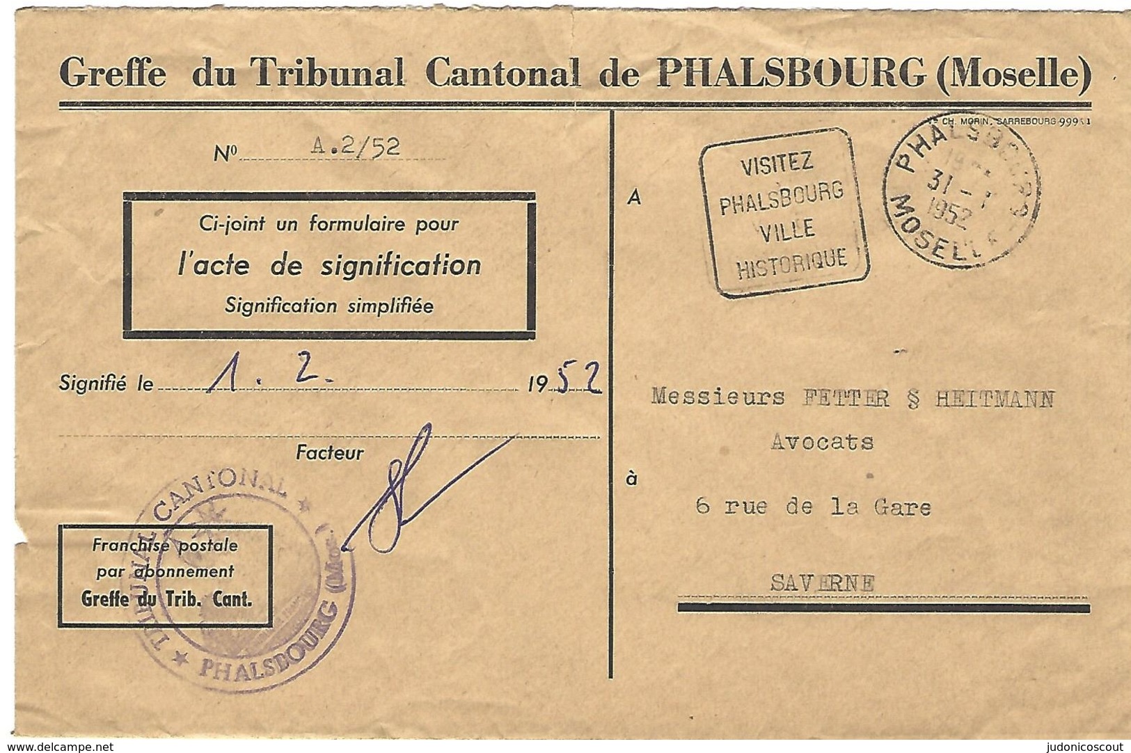 Daguin Phalsbourg 31.1.1952 Sur Lettre En Franchise Du Tribunal Cantonal - 1921-1960: Moderne