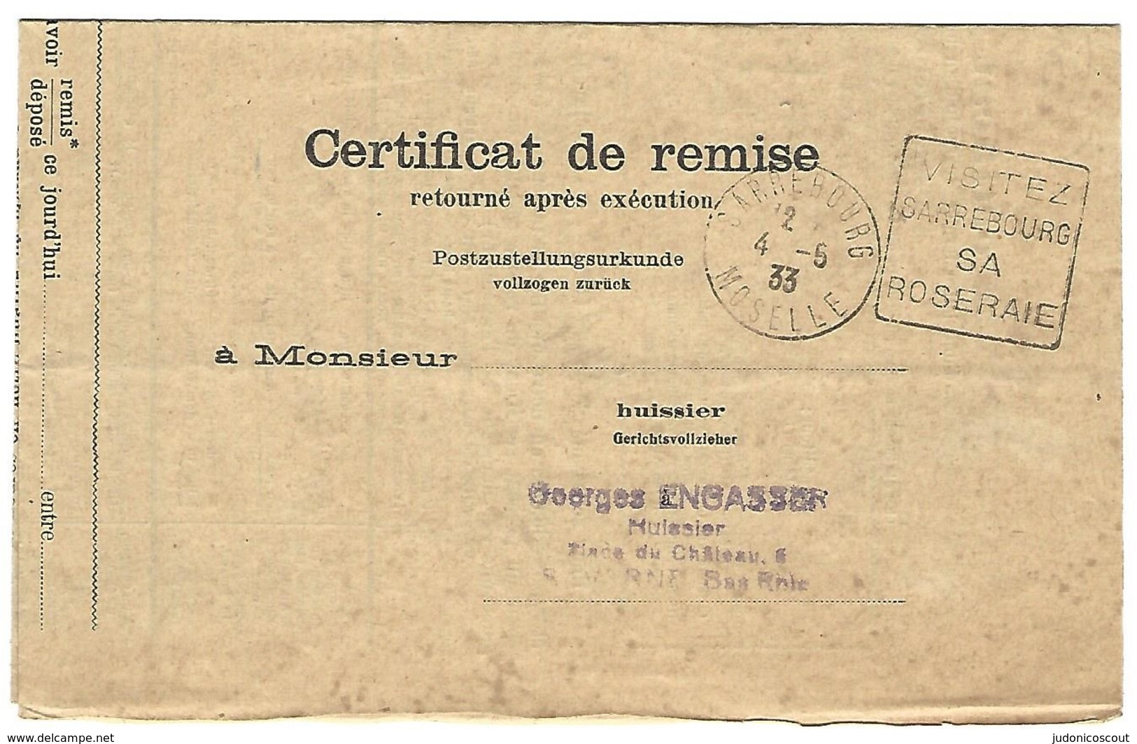 Daguin Sarrebourg 4.5.1933 Flamme à Droite - Sur Certificat De Remise En Franchise - 1921-1960: Période Moderne