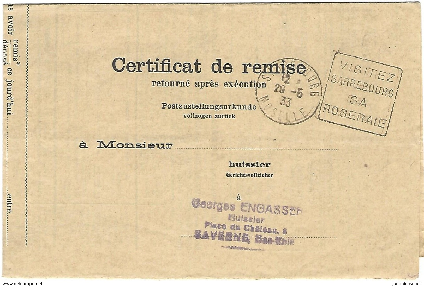 Daguin Sarrebourg 29.5.1933 Flamme à Droite - Sur Certificat De Remise En Franchise - 1921-1960: Moderne