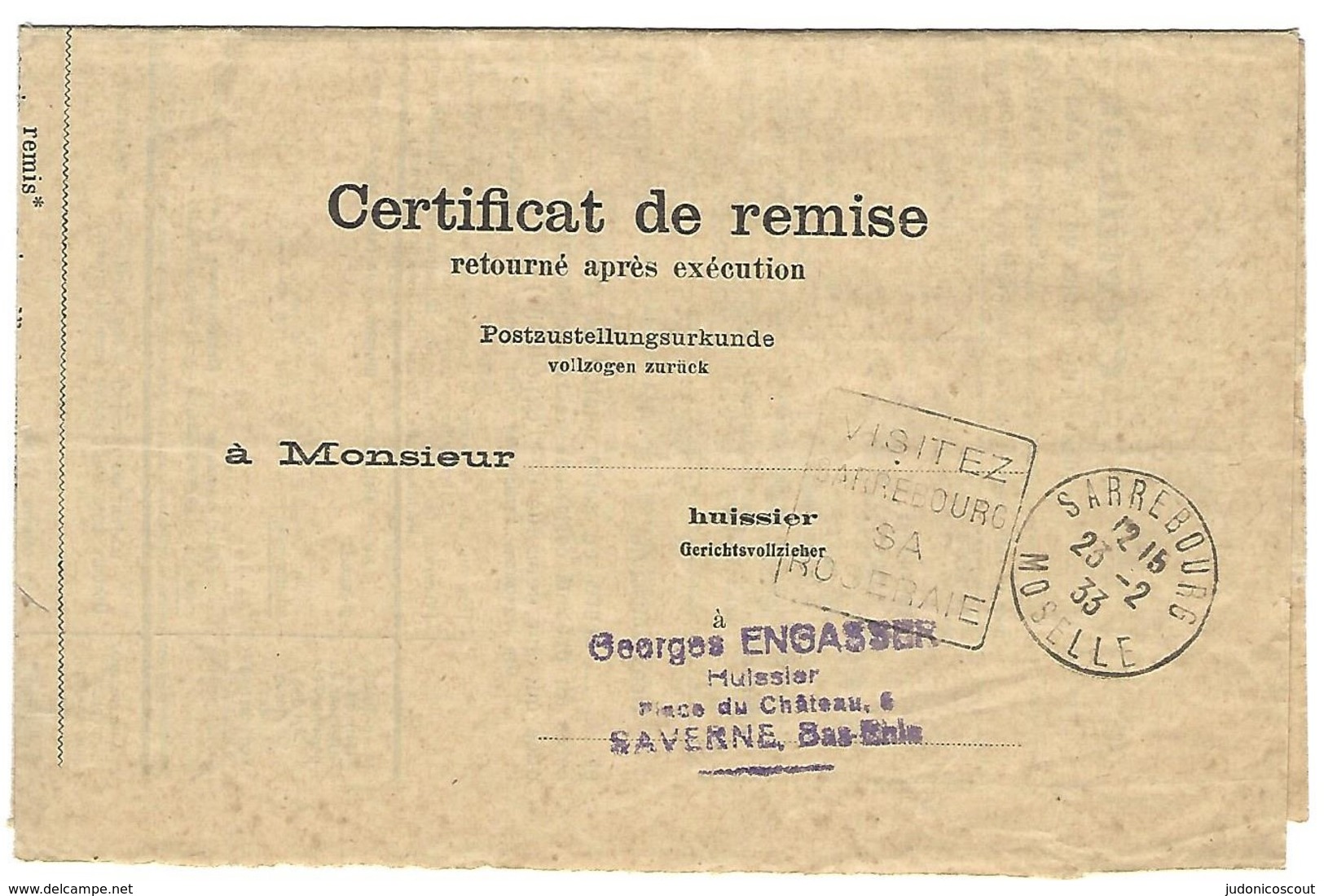 Daguin Sarrebourg 23.2.1933 Flamme à Gauche - Sur Certificat De Remise En Franchise - 1921-1960: Moderne