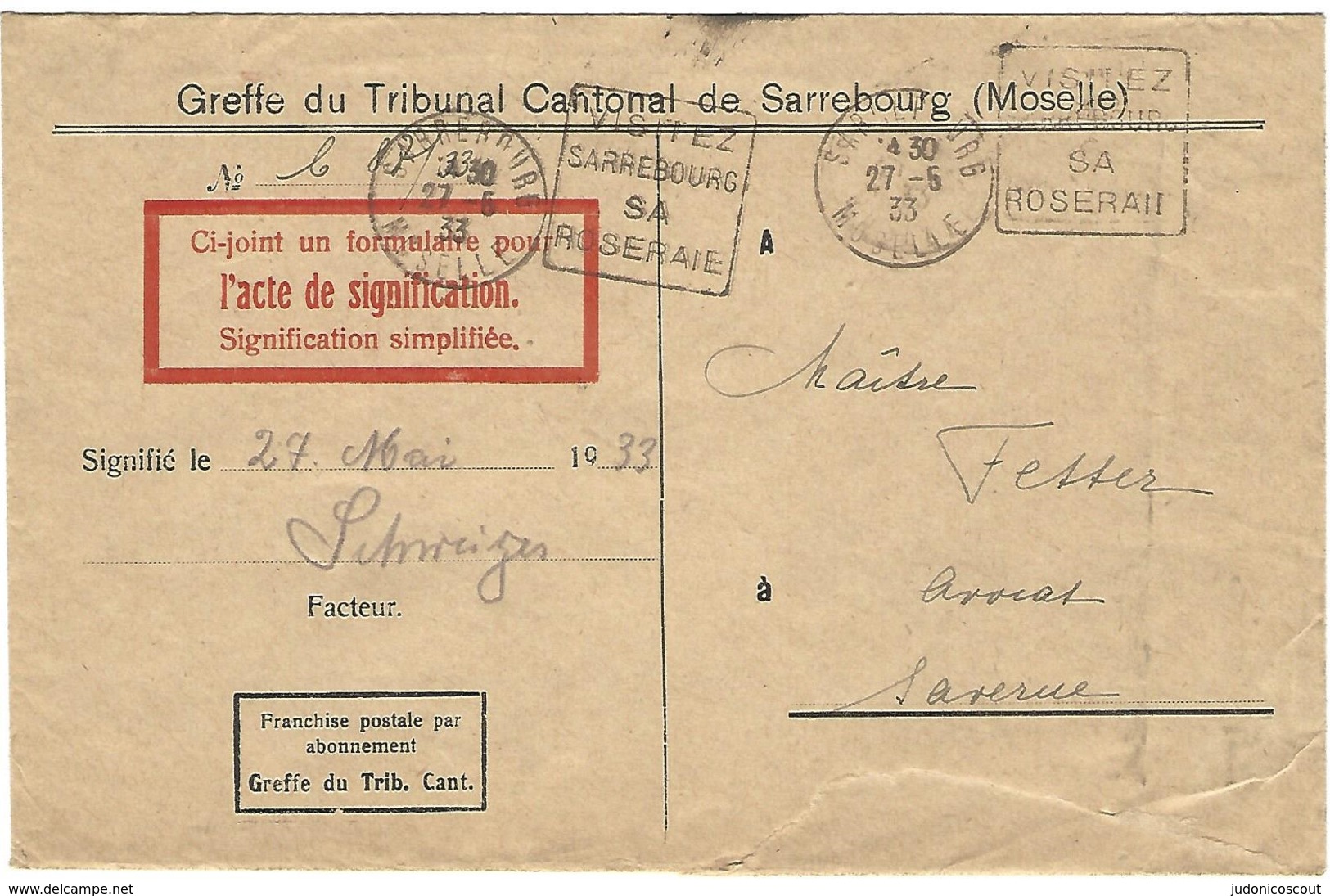 Daguin Sarrebourg 27.5.1933 Flamme à Droite - Sur Lettre En Franchise Du Tribunal Cantonal - Impression Doublée - 1921-1960: Période Moderne