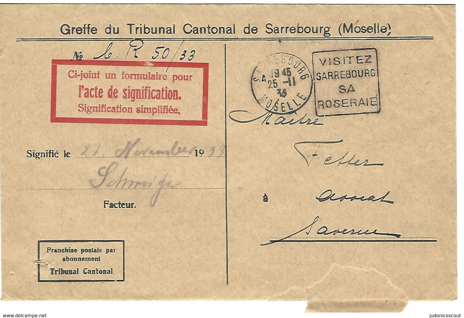 Daguin Sarrebourg 25.11.1933 Flamme à Droite - Sur Lettre En Franchise Du Tribunal Cantonal - Cachet Dateur Aligné - 1921-1960: Moderne