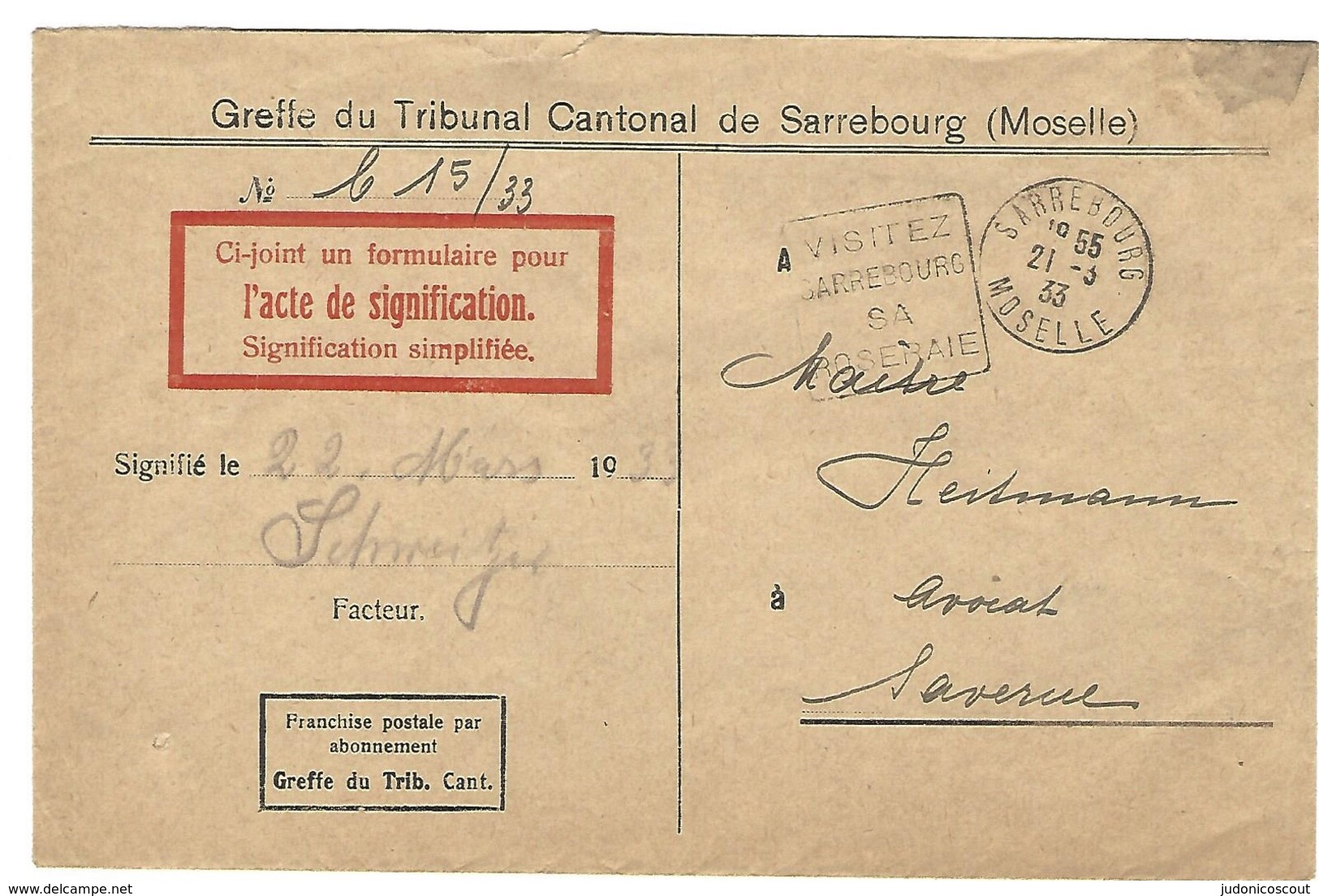 Daguin Sarrebourg 21.3.1933 Flamme à Gauche - Sur Lettre En Franchise Du Tribunal Cantonal - 1921-1960: Moderne