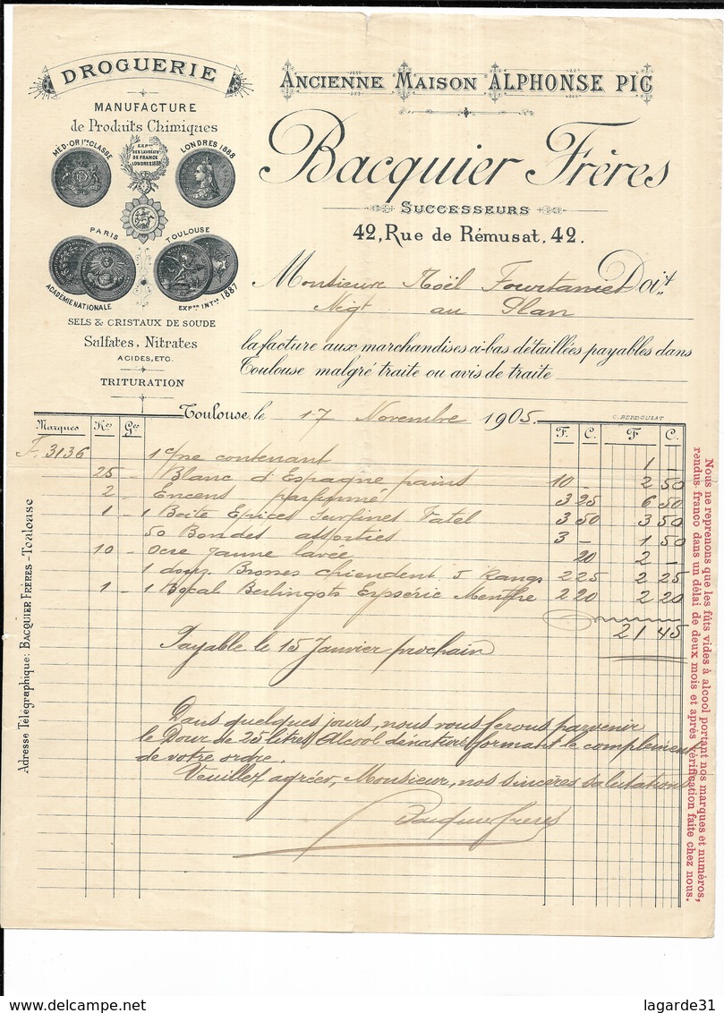 Haute Garonne 1907  Toulouse Droguerie BACQUIER FRERES - Chemist's (drugstore) & Perfumery