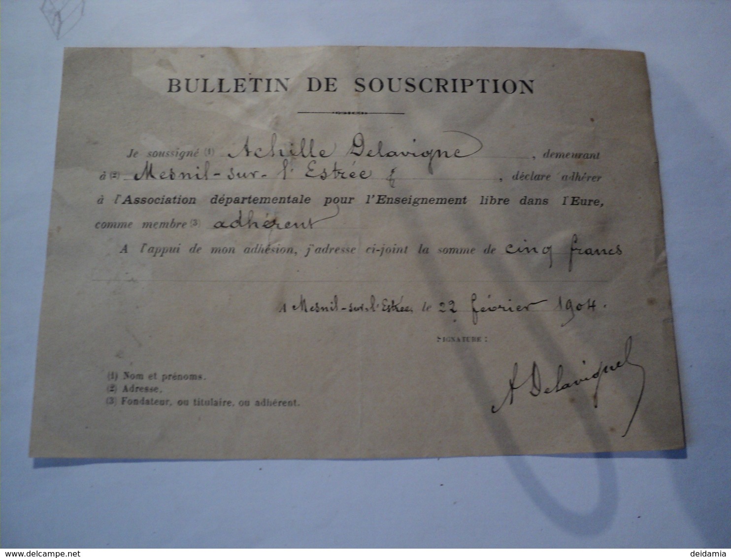 BULLETIN DE SOUSCRIPTION DE 1904. ENSEIGNEMENT LIBRE DANS L EURE ADHERENT DE MESNIL SUR L ESTREE - 1900 – 1949
