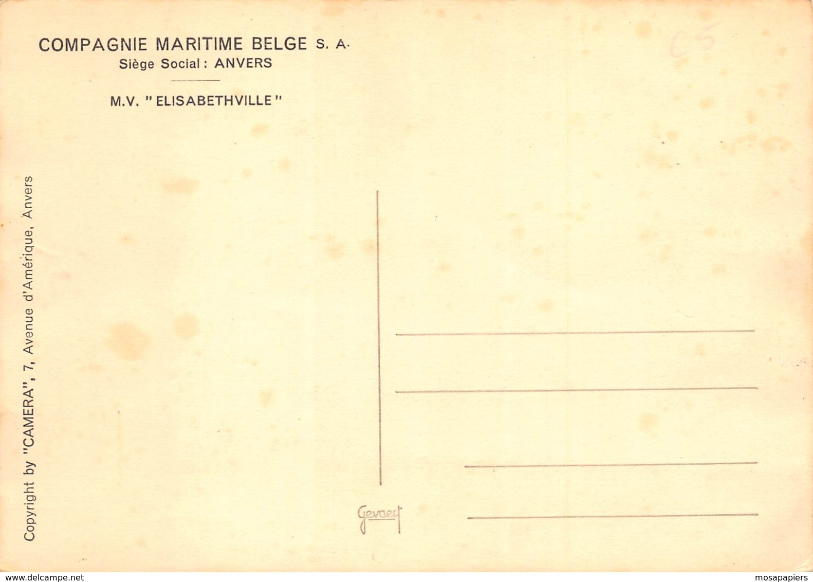 Compagnie Maritime Belge - Ligne Du Congo - M.V. "Elisabethville" - Paquebots